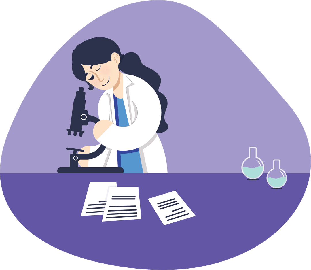 Delven illustration of researcher looking into microscope