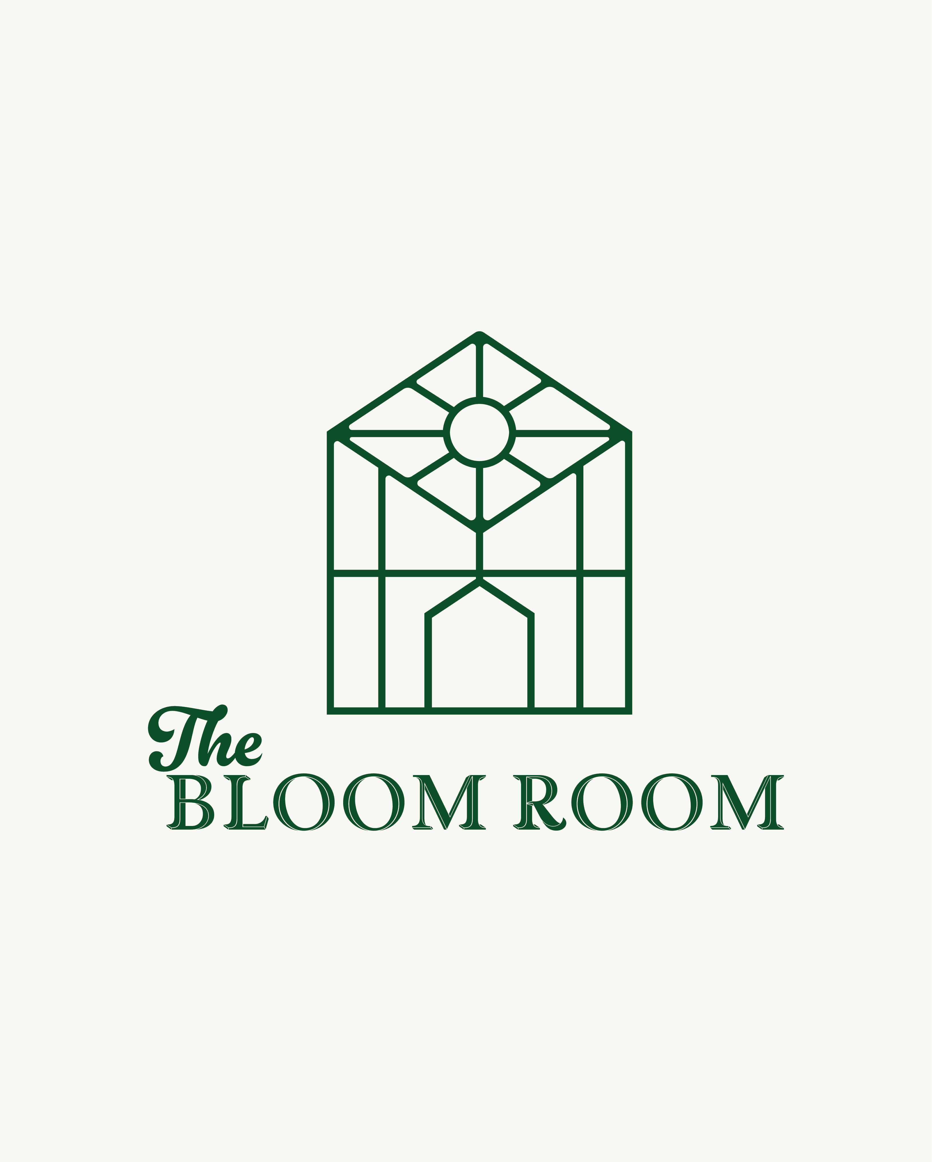 The Bloom Room green logo on tan background