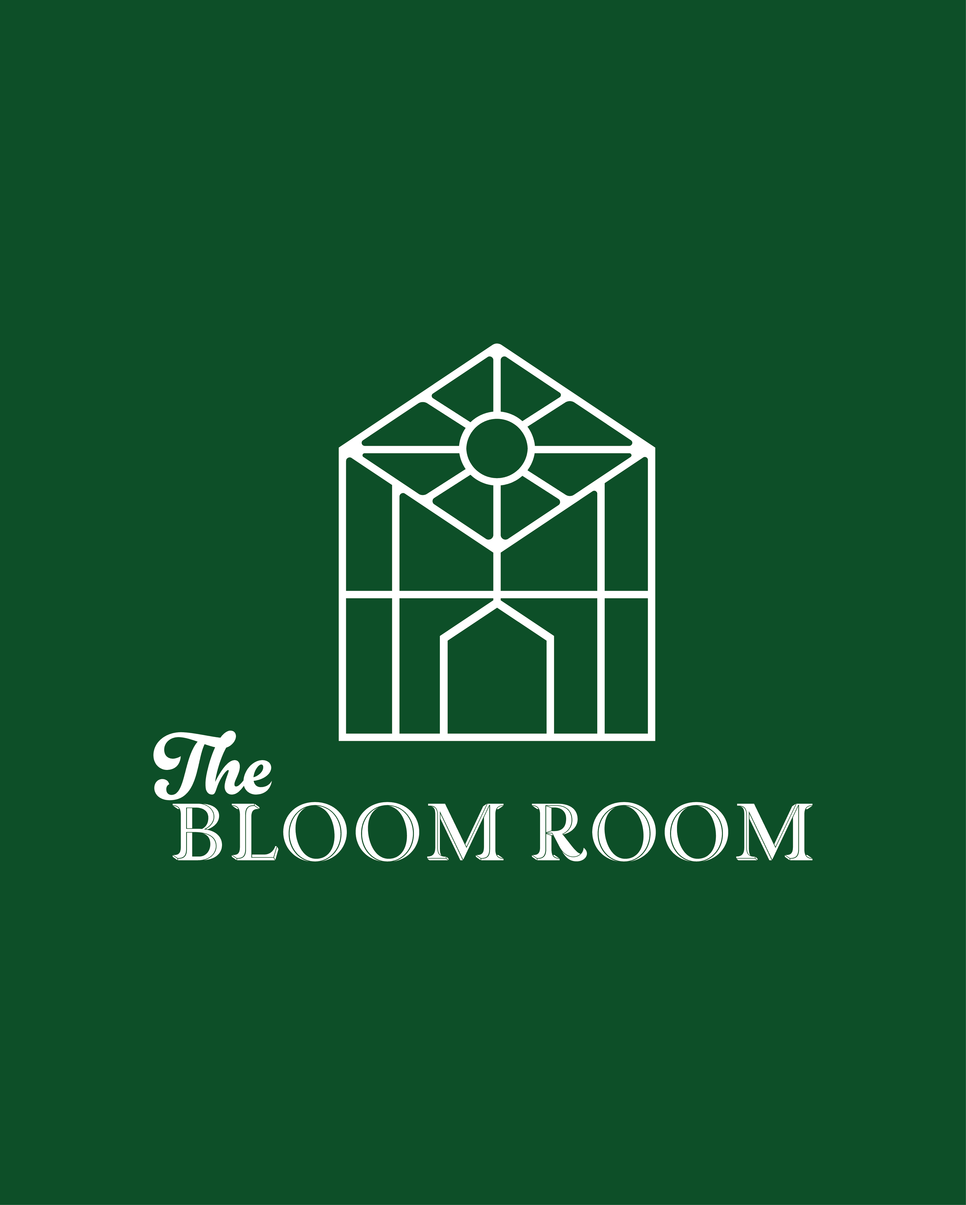 The Bloom Room tan logo on green background